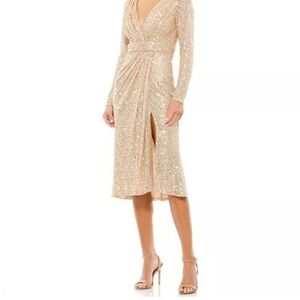 Mac Duggal Gold Sequin Ruched Midi Dress